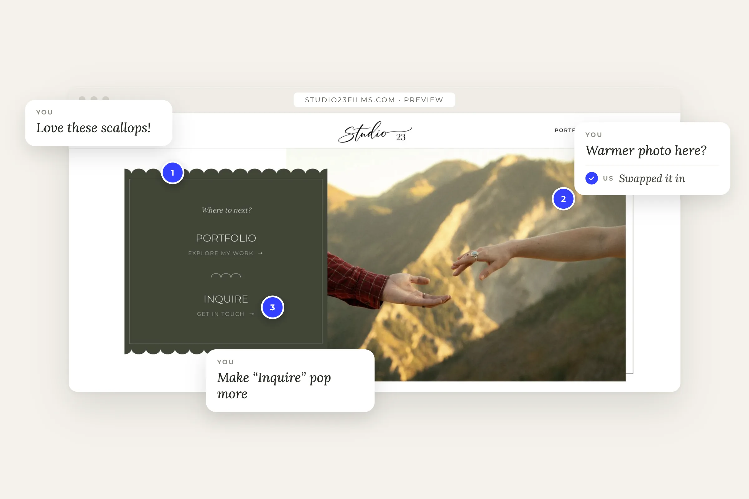Design review with client comments on a site preview