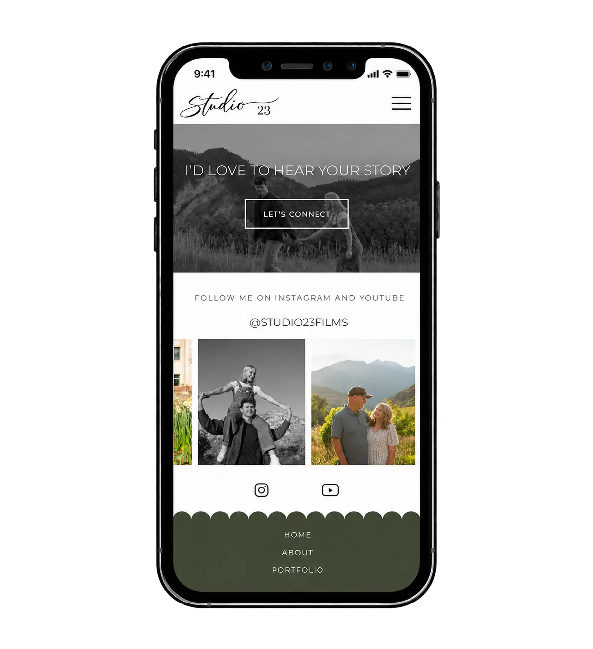 Studio 23 mobile site with Instagram feed on a phone